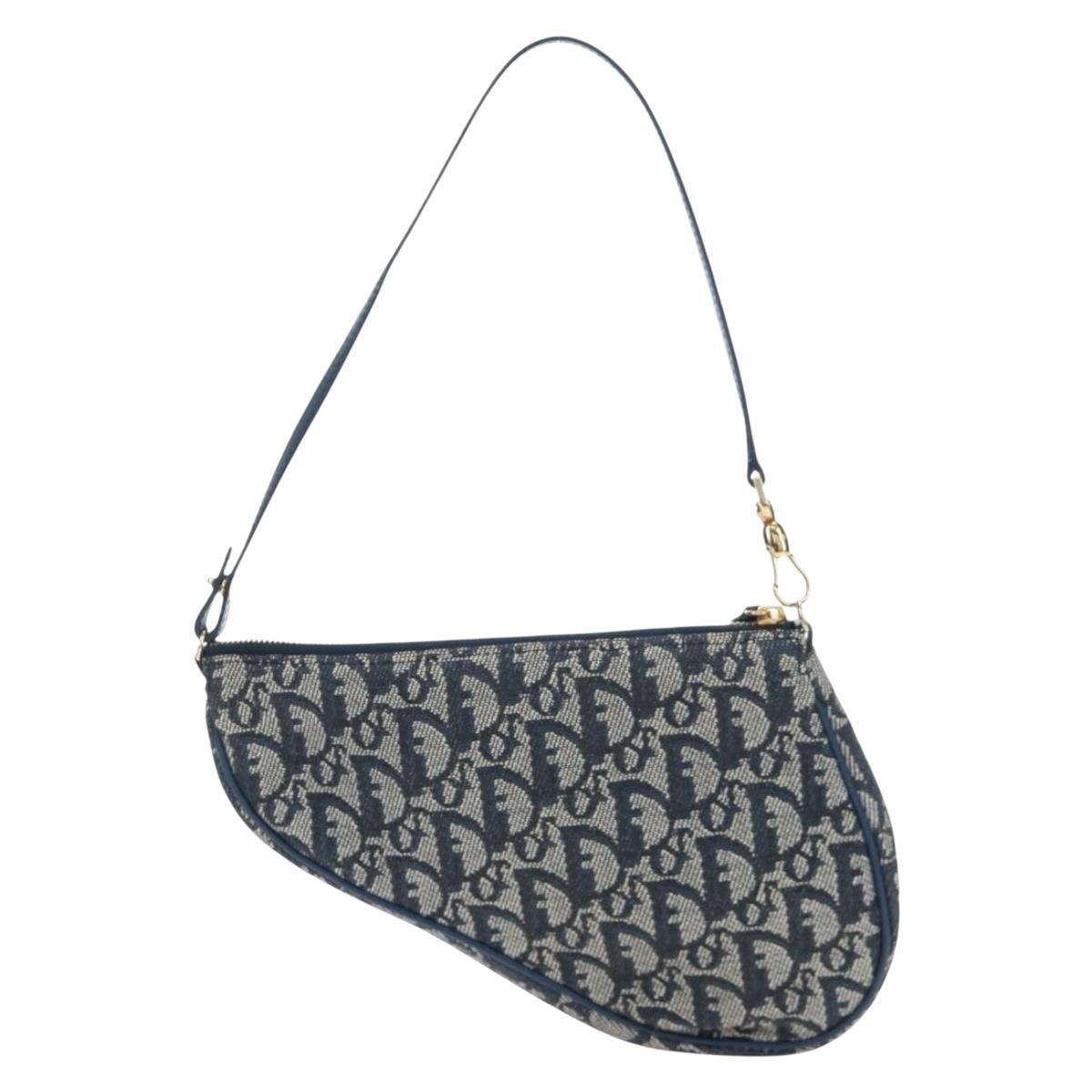 Christian Dior Trotter Canvas Saddle Pouch Navy Gold Auth am12177V