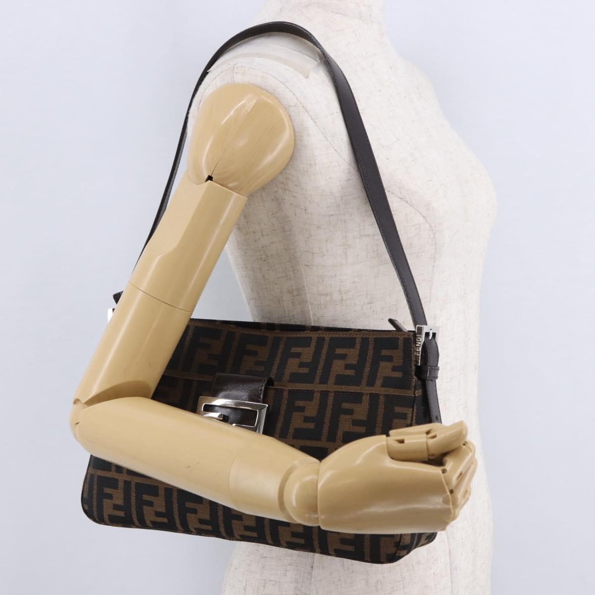 FENDI Zucca Canvas Mamma Baguette Shoulder Bag Black Brown Auth am12180V