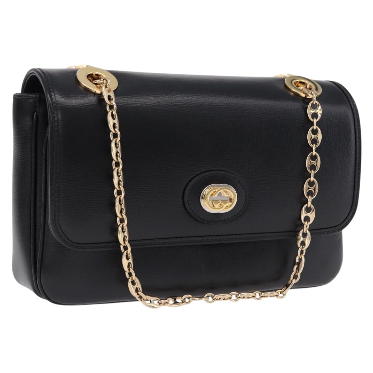 GUCCI Marina Chain Shoulder Bag Leather Black Gold 576421 Auth am12181M