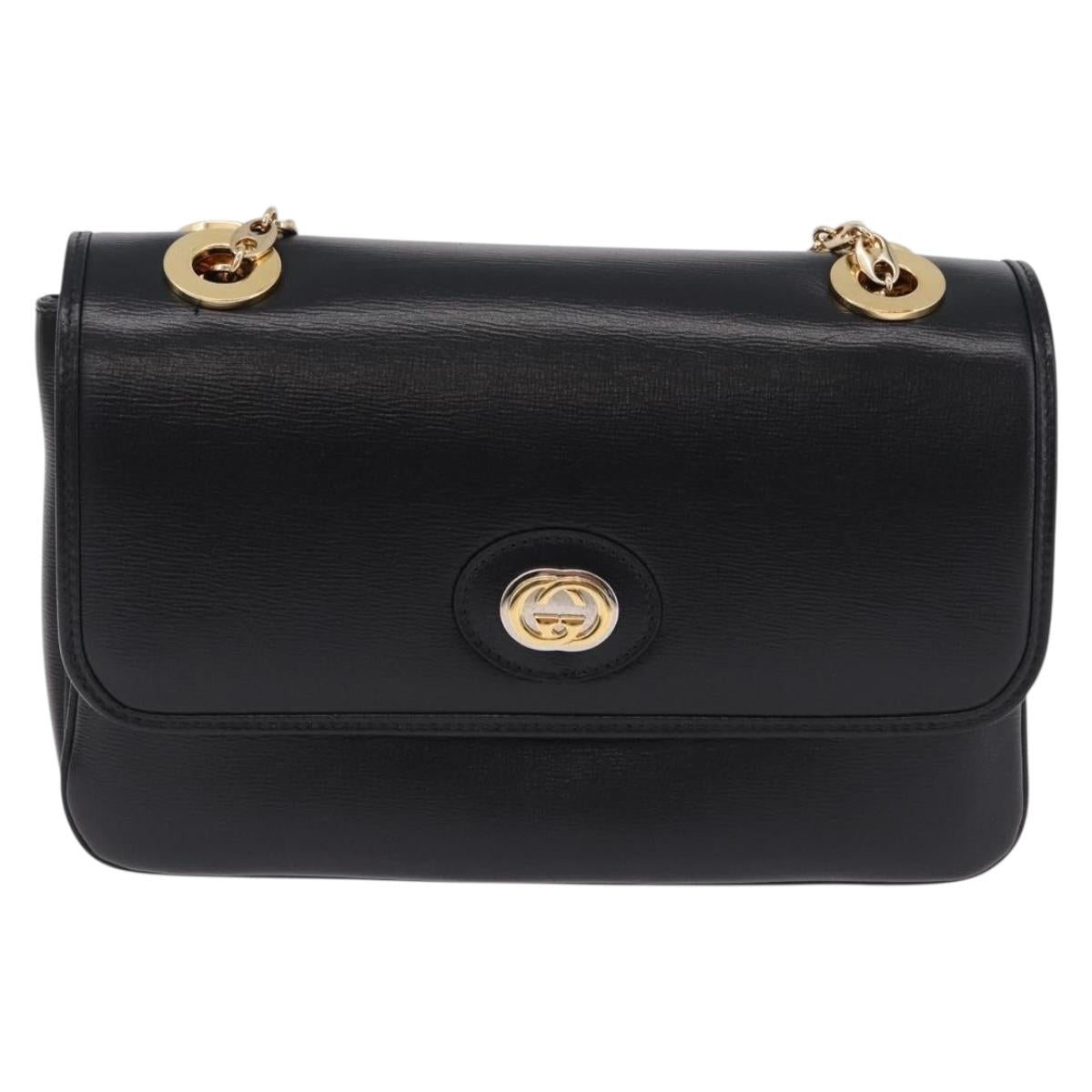 GUCCI Marina Chain Shoulder Bag Leather Black Gold 576421 Auth am12181M