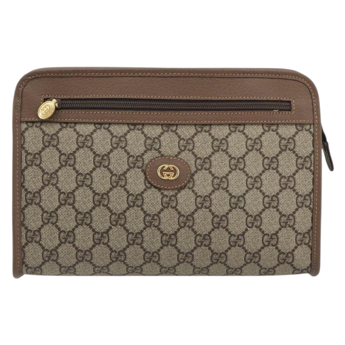 GUCCI GG Supreme Old Web Sherry Line Clutch Bag PVC Beige Gold Auth am12186V