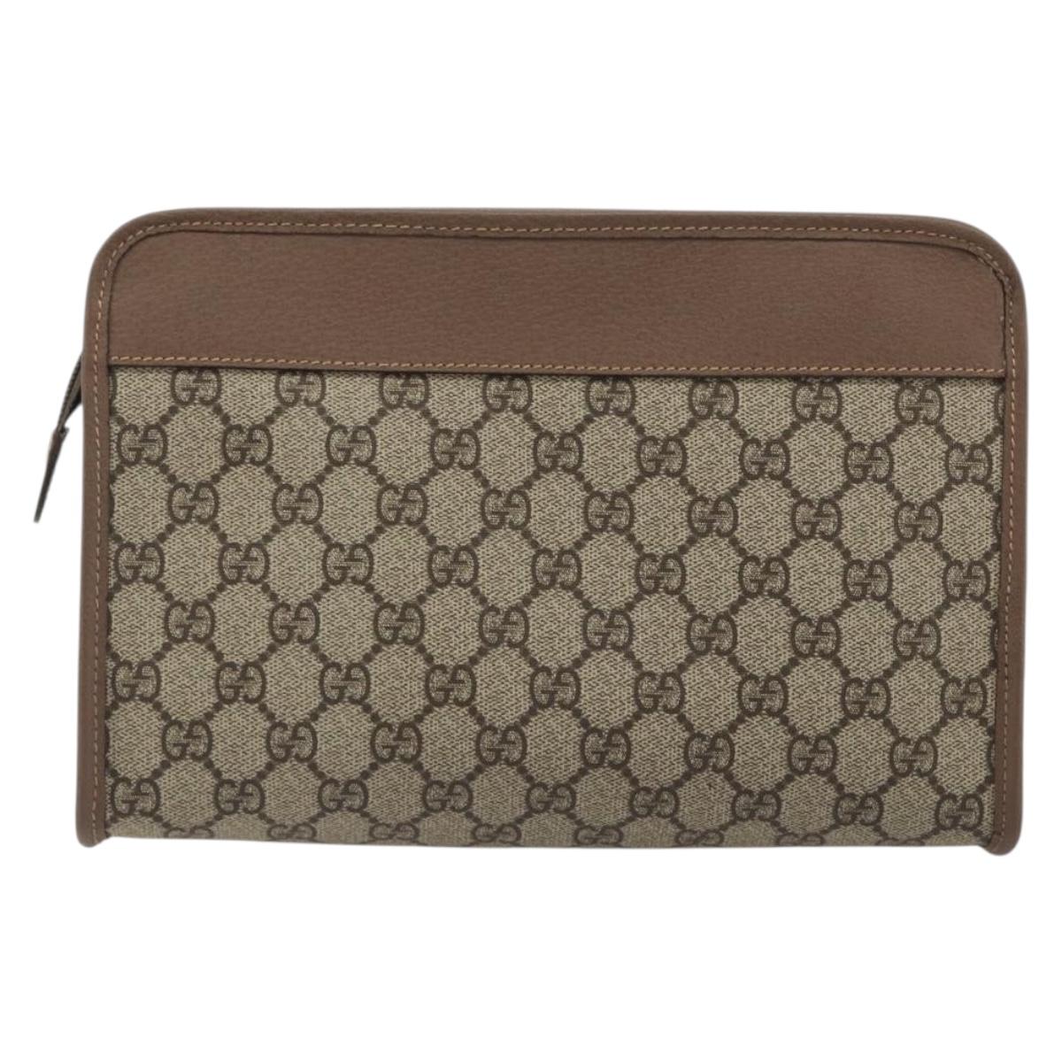 GUCCI GG Supreme Old Web Sherry Line Clutch Bag PVC Beige Gold Auth am12186V