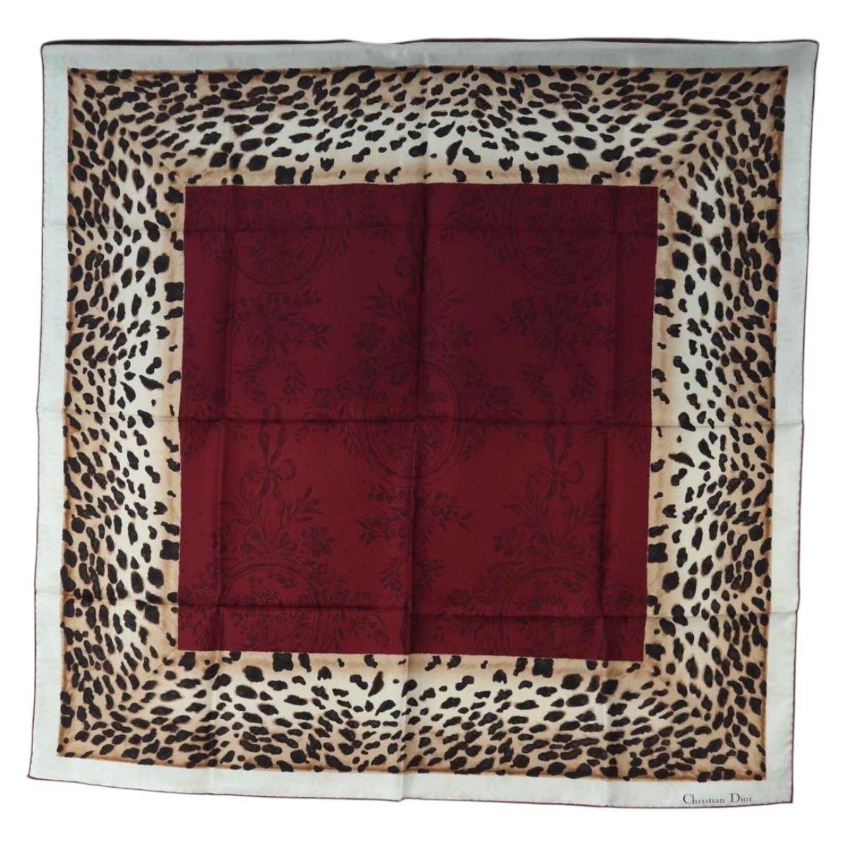 Christian Dior Leopard Scarf Silk Bordeaux Auth am12187M