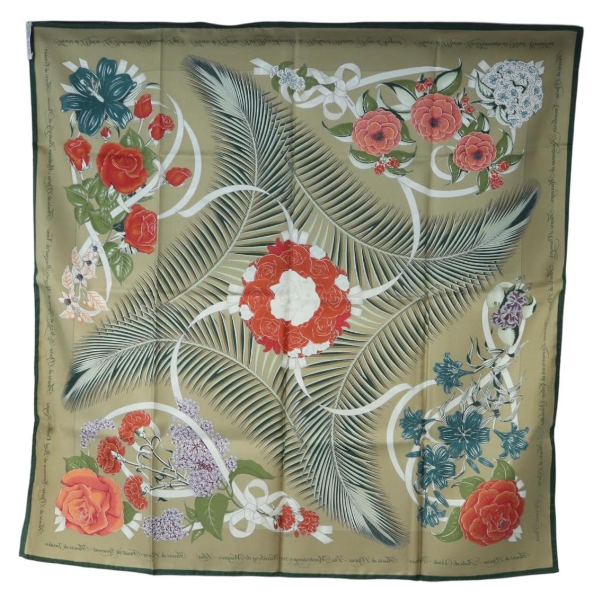 HERMES Carre 90 Scarf Silk Beige Green Auth am12194M