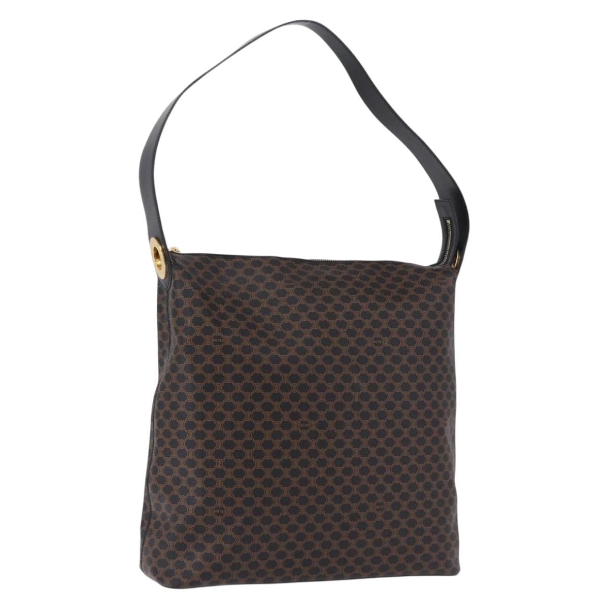 CELINE Macadam Canvas Circle Shoulder Bag PVC Black Gold Auth am12198V