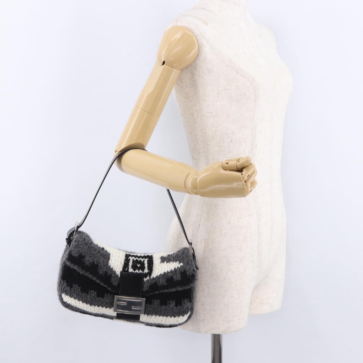 FENDI Mamma Baguette Shoulder Bag Wool Gray Silver Auth am12200SAM