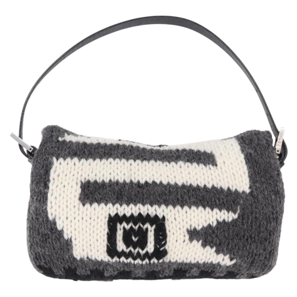 FENDI Mamma Baguette Shoulder Bag Wool Gray Silver Auth am12200SAM