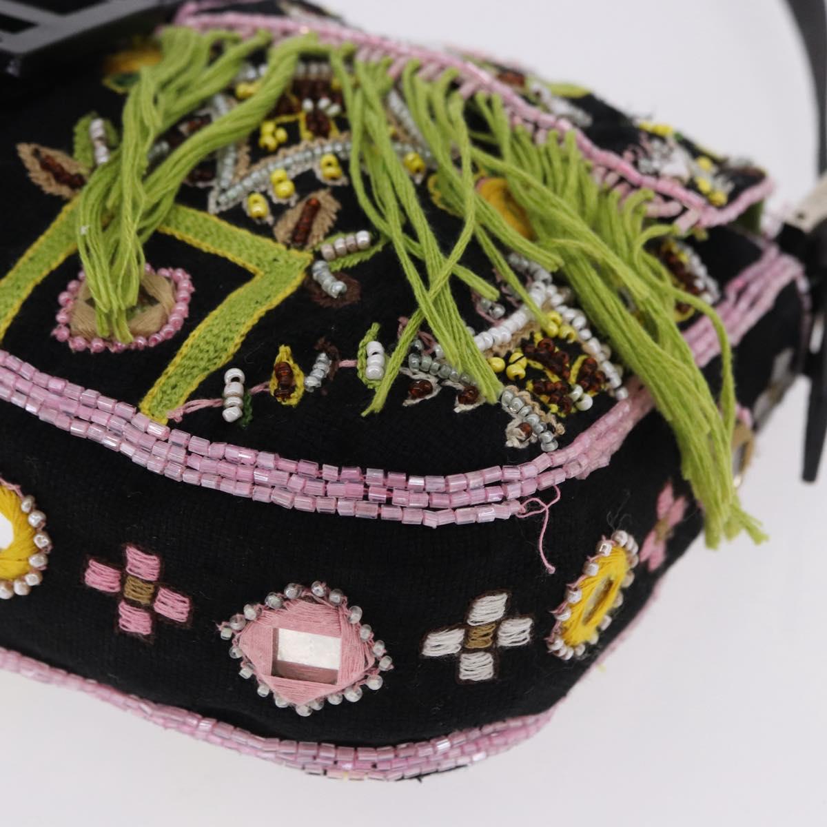 FENDI Beads Fringe Mamma Baguette Bag Canvas Multicolor Silver Auth am12201SAM