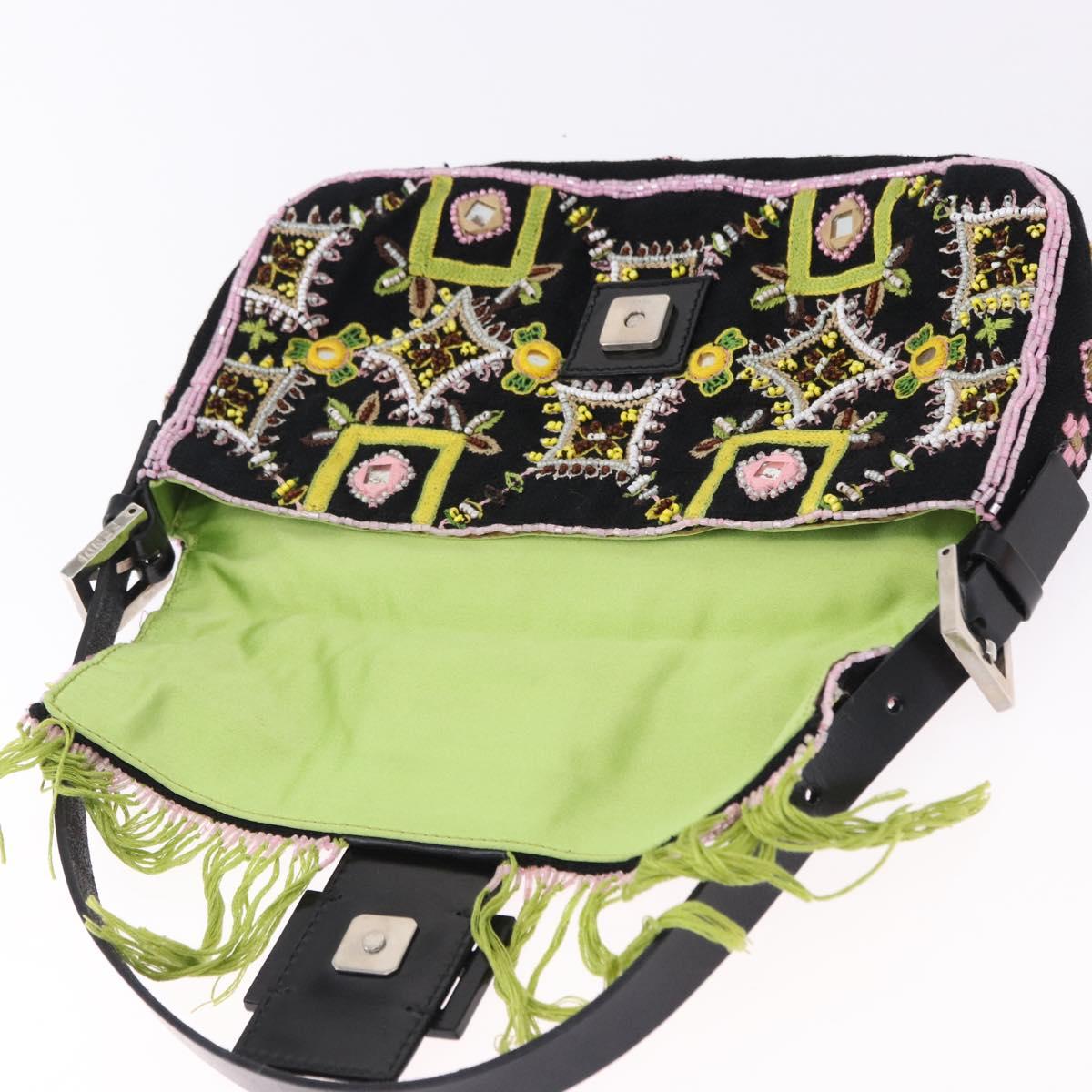 FENDI Beads Fringe Mamma Baguette Bag Canvas Multicolor Silver Auth am12201SAM