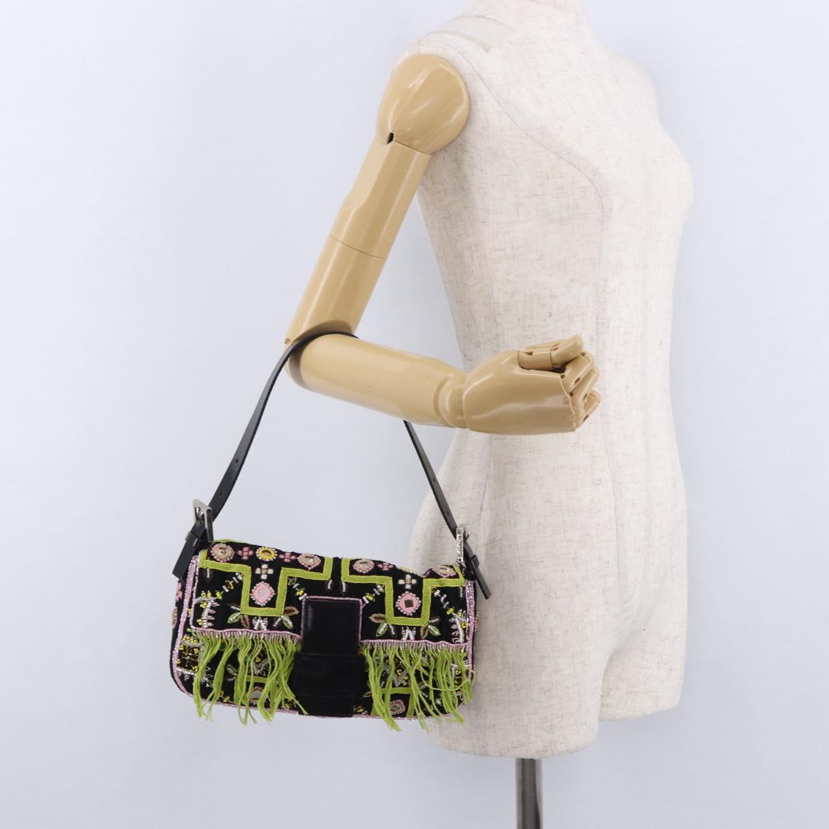 FENDI Beads Fringe Mamma Baguette Bag Canvas Multicolor Silver Auth am12201SAM