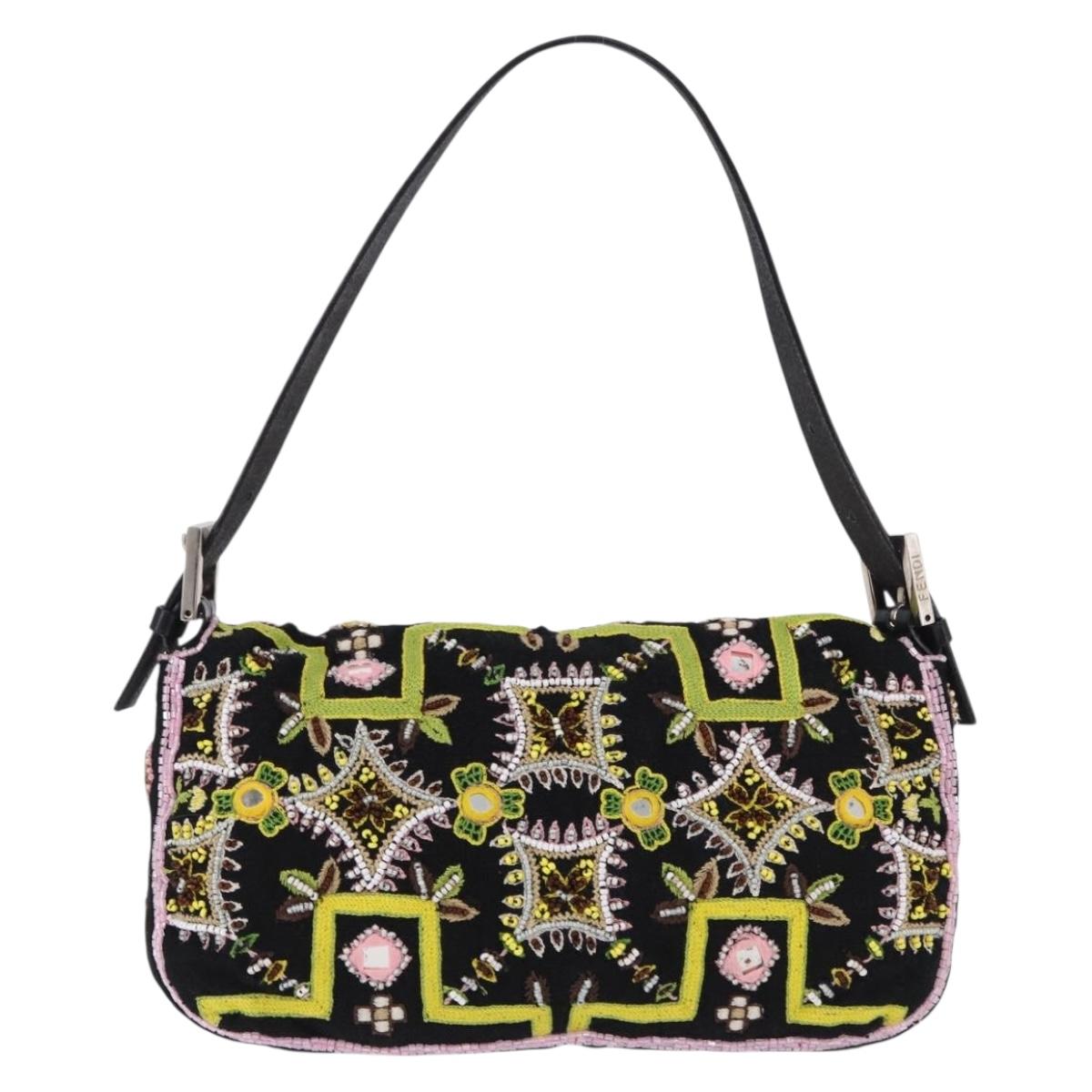 FENDI Beads Fringe Mamma Baguette Bag Canvas Multicolor Silver Auth am12201SAM
