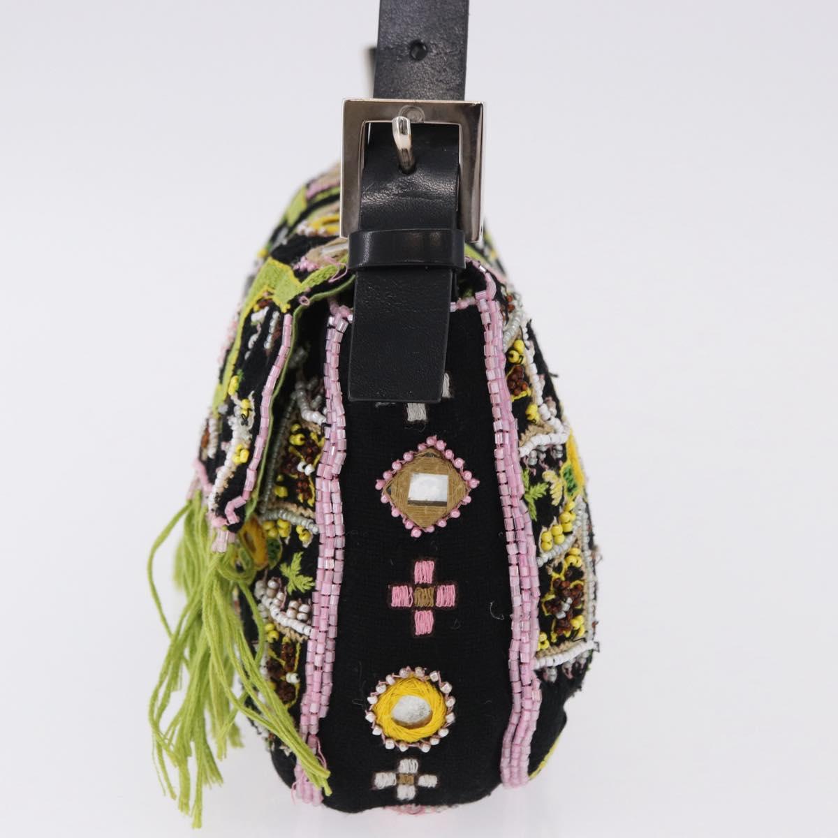 FENDI Beads Fringe Mamma Baguette Bag Canvas Multicolor Silver Auth am12201SAM