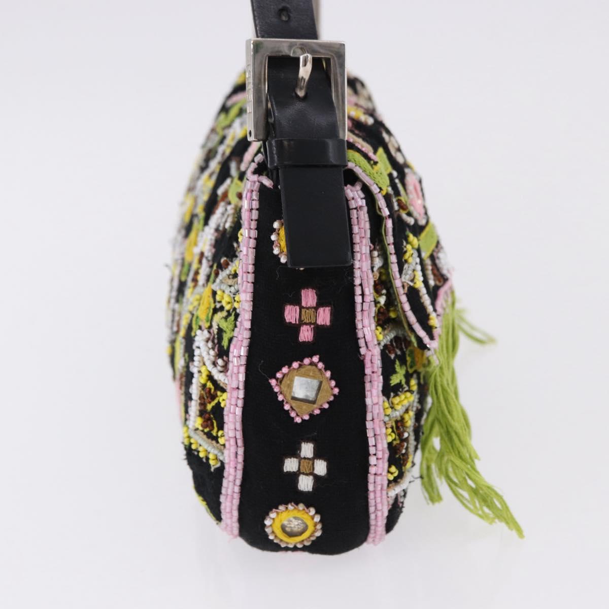 FENDI Beads Fringe Mamma Baguette Bag Canvas Multicolor Silver Auth am12201SAM