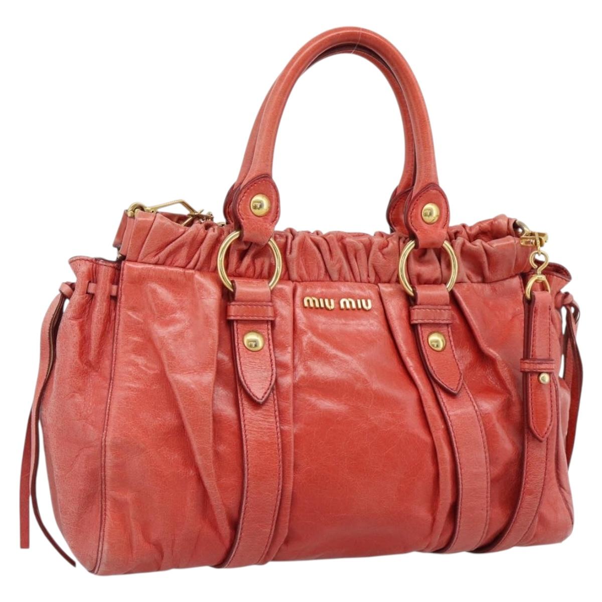 Miu Miu Side Ribbon Hand Bag Leather 2way Orange Gold Auth am12203V