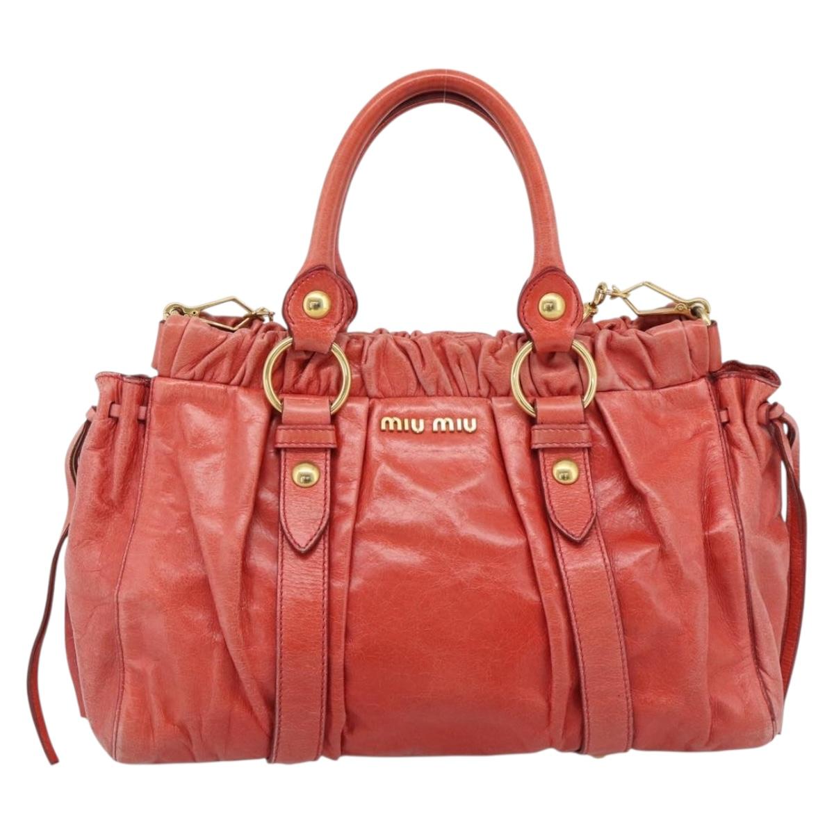 Miu Miu Side Ribbon Hand Bag Leather 2way Orange Gold Auth am12203V