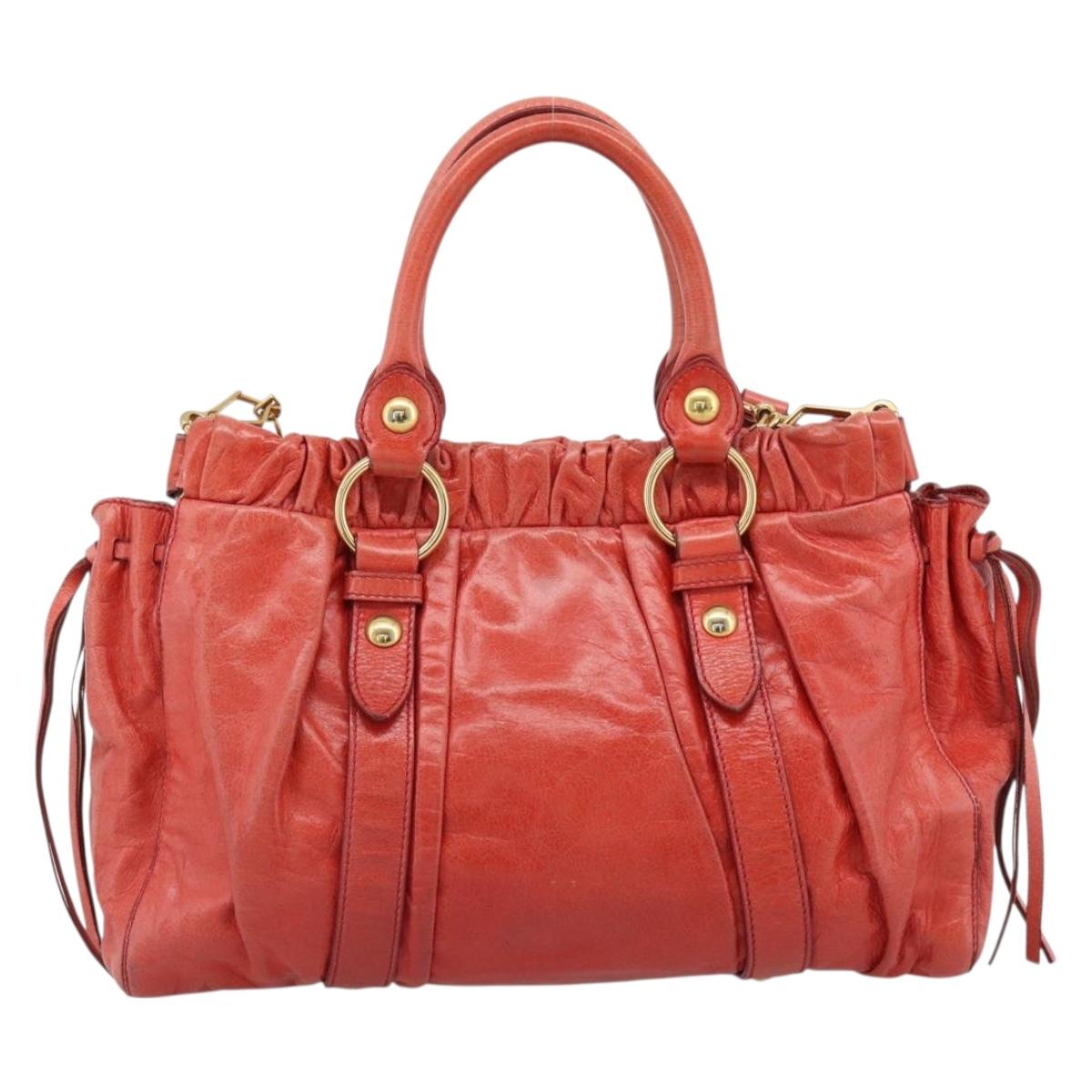 Miu Miu Side Ribbon Hand Bag Leather 2way Orange Gold Auth am12203V