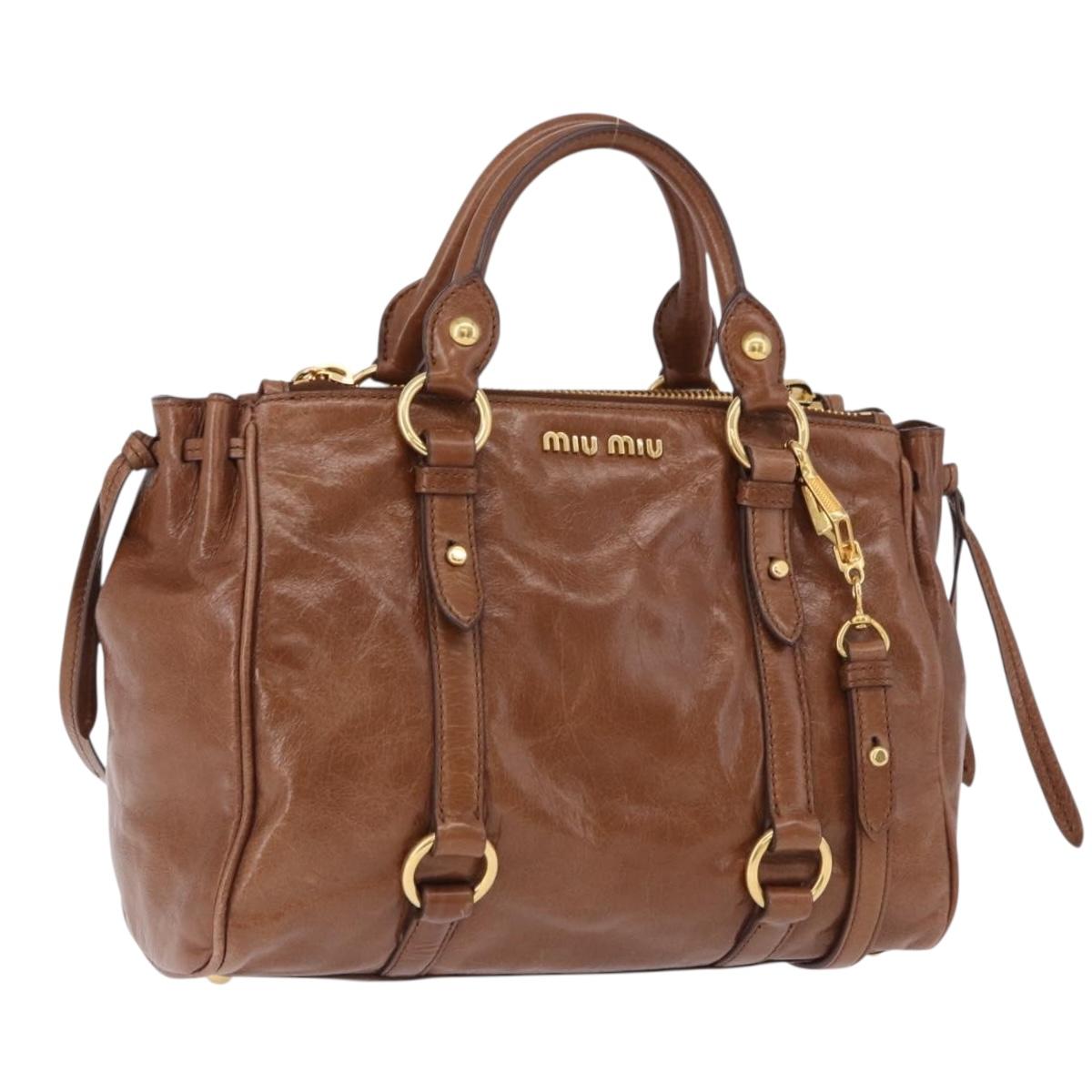 Miu Miu Side Ribbon Hand Bag Leather 2way Brown Gold RN0893 Auth am12206V