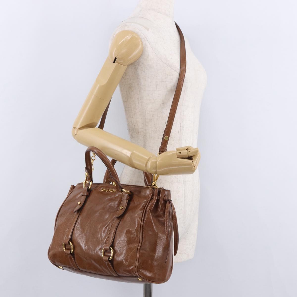 Miu Miu Side Ribbon Hand Bag Leather 2way Brown Gold RN0893 Auth am12206V