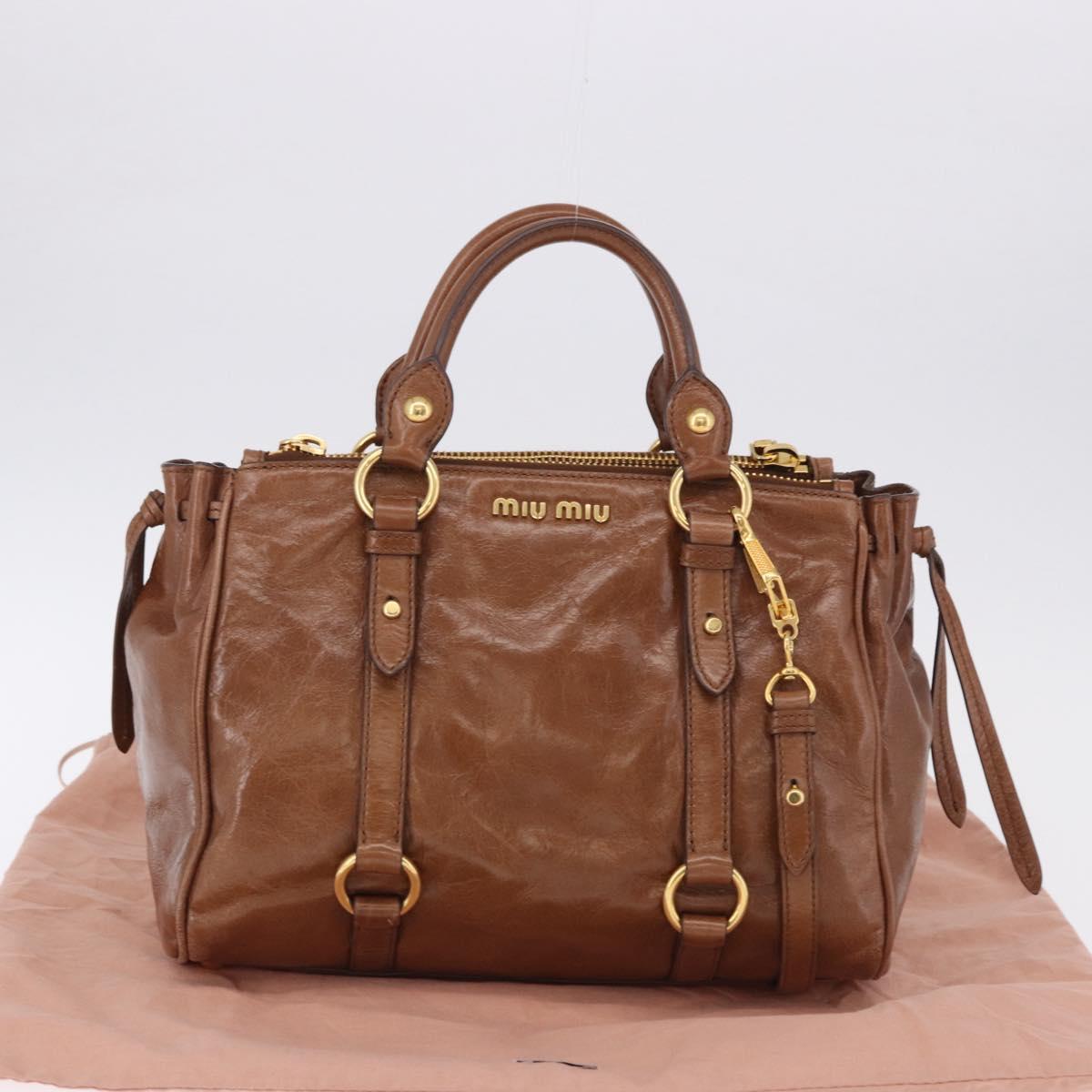 Miu Miu Side Ribbon Hand Bag Leather 2way Brown Gold RN0893 Auth am12206V