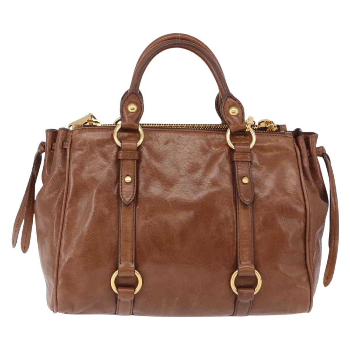 Miu Miu Side Ribbon Hand Bag Leather 2way Brown Gold RN0893 Auth am12206V