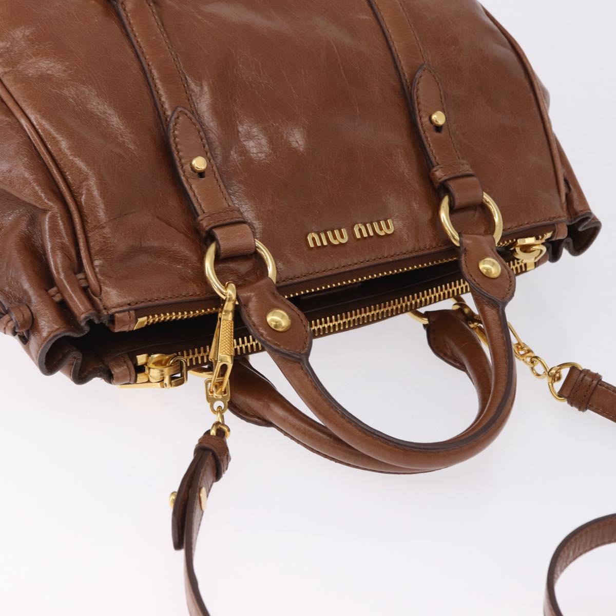 Miu Miu Side Ribbon Hand Bag Leather 2way Brown Gold RN0893 Auth am12206V