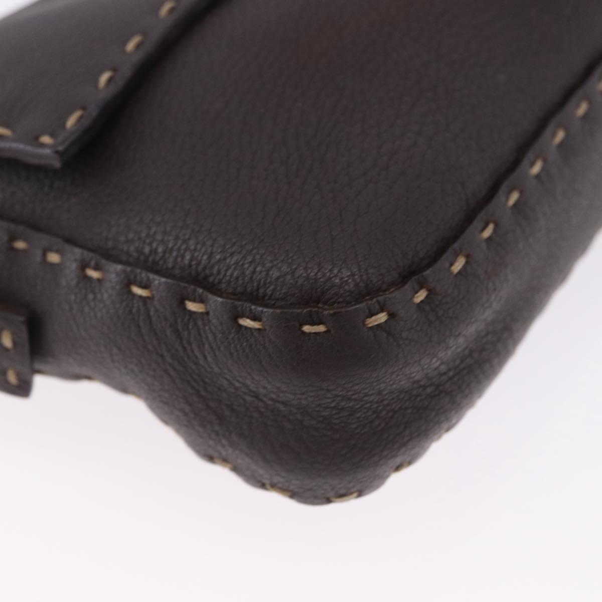 FENDI Selleria Mamma Baguette Bag Leather Dark Brown Silver Auth am12207V