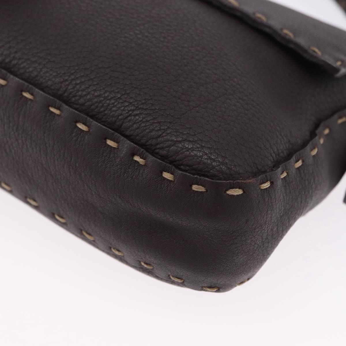 FENDI Selleria Mamma Baguette Bag Leather Dark Brown Silver Auth am12207V