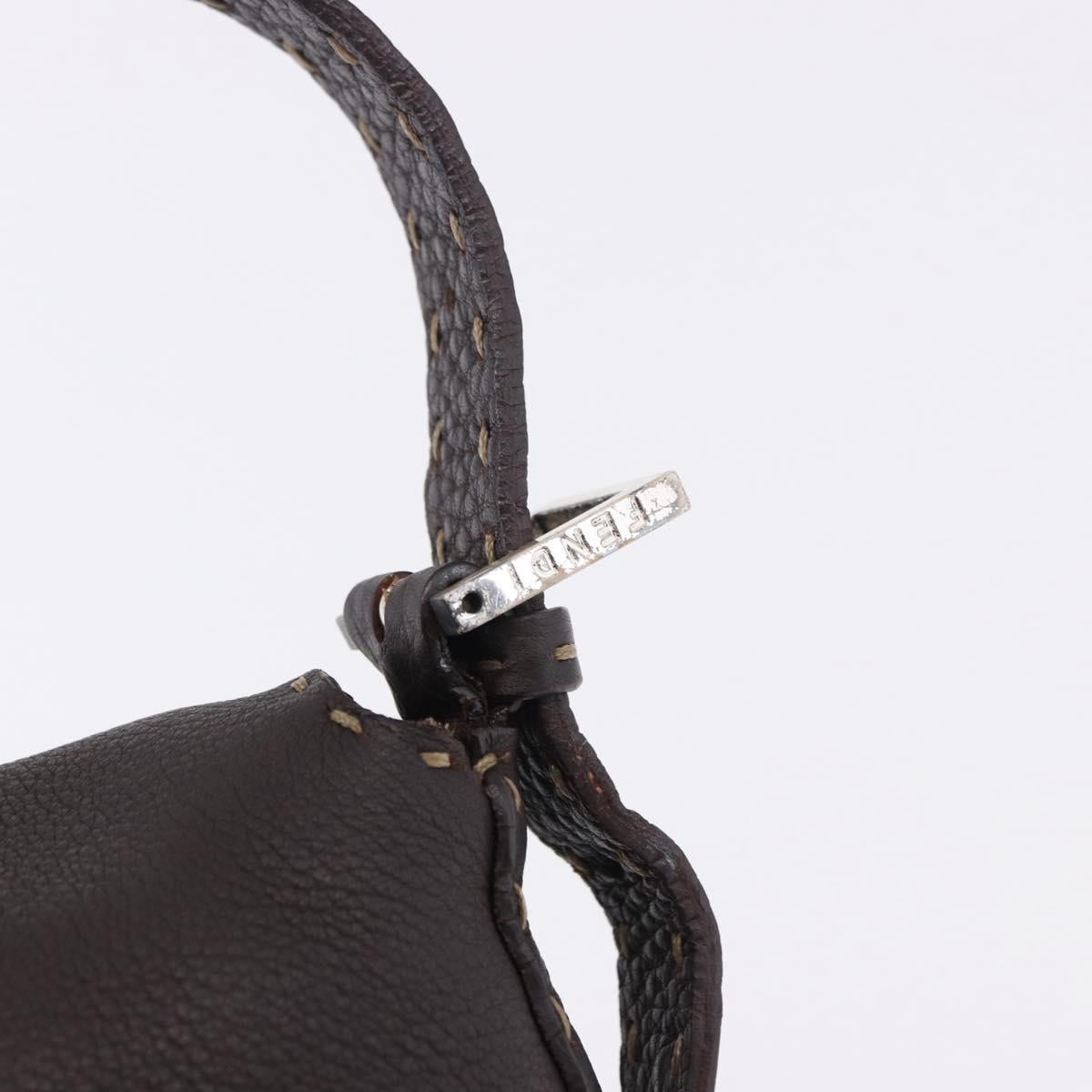 FENDI Selleria Mamma Baguette Bag Leather Dark Brown Silver Auth am12207V