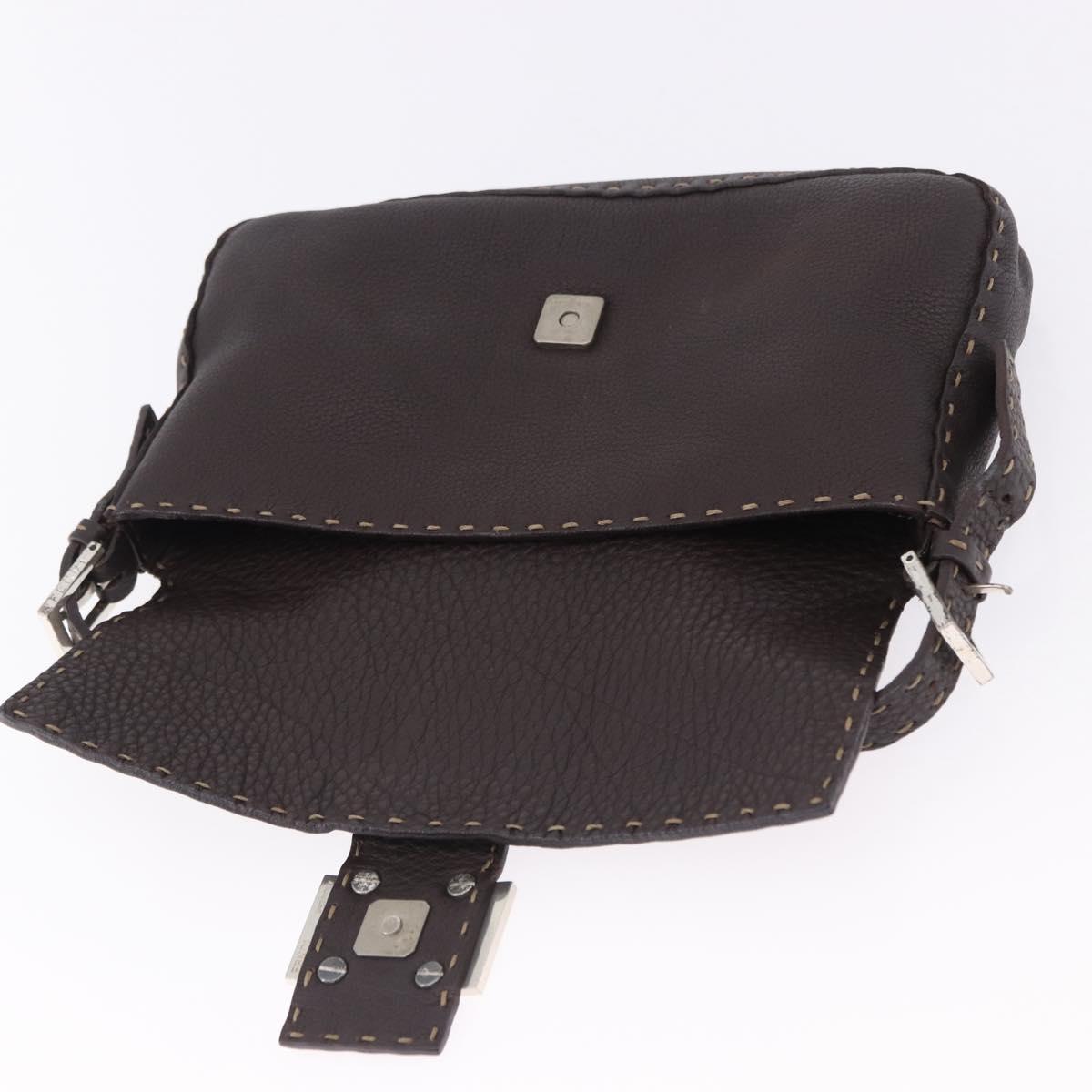 FENDI Selleria Mamma Baguette Bag Leather Dark Brown Silver Auth am12207V