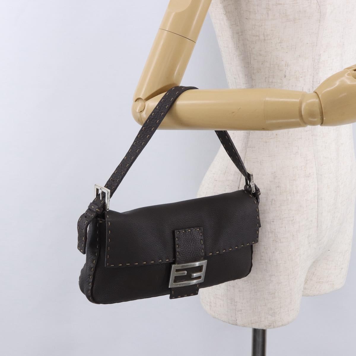 FENDI Selleria Mamma Baguette Bag Leather Dark Brown Silver Auth am12207V
