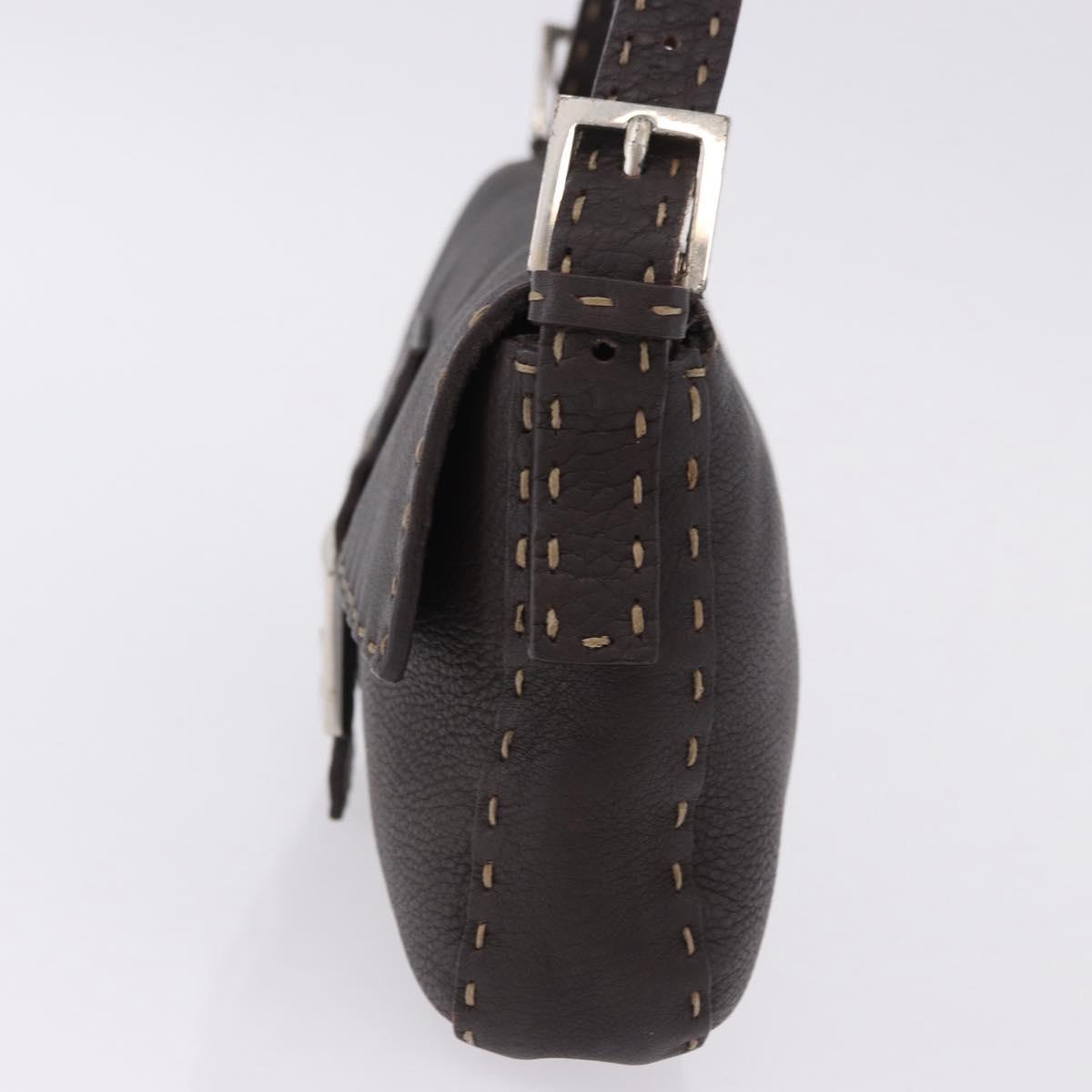 FENDI Selleria Mamma Baguette Bag Leather Dark Brown Silver Auth am12207V