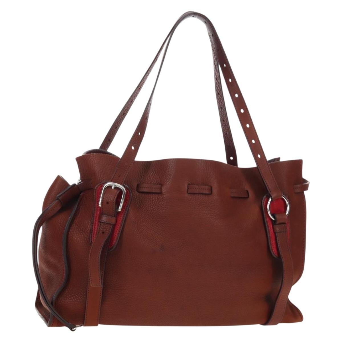 Miu Miu Tote Bag Leather Brown Silver Auth am12225V