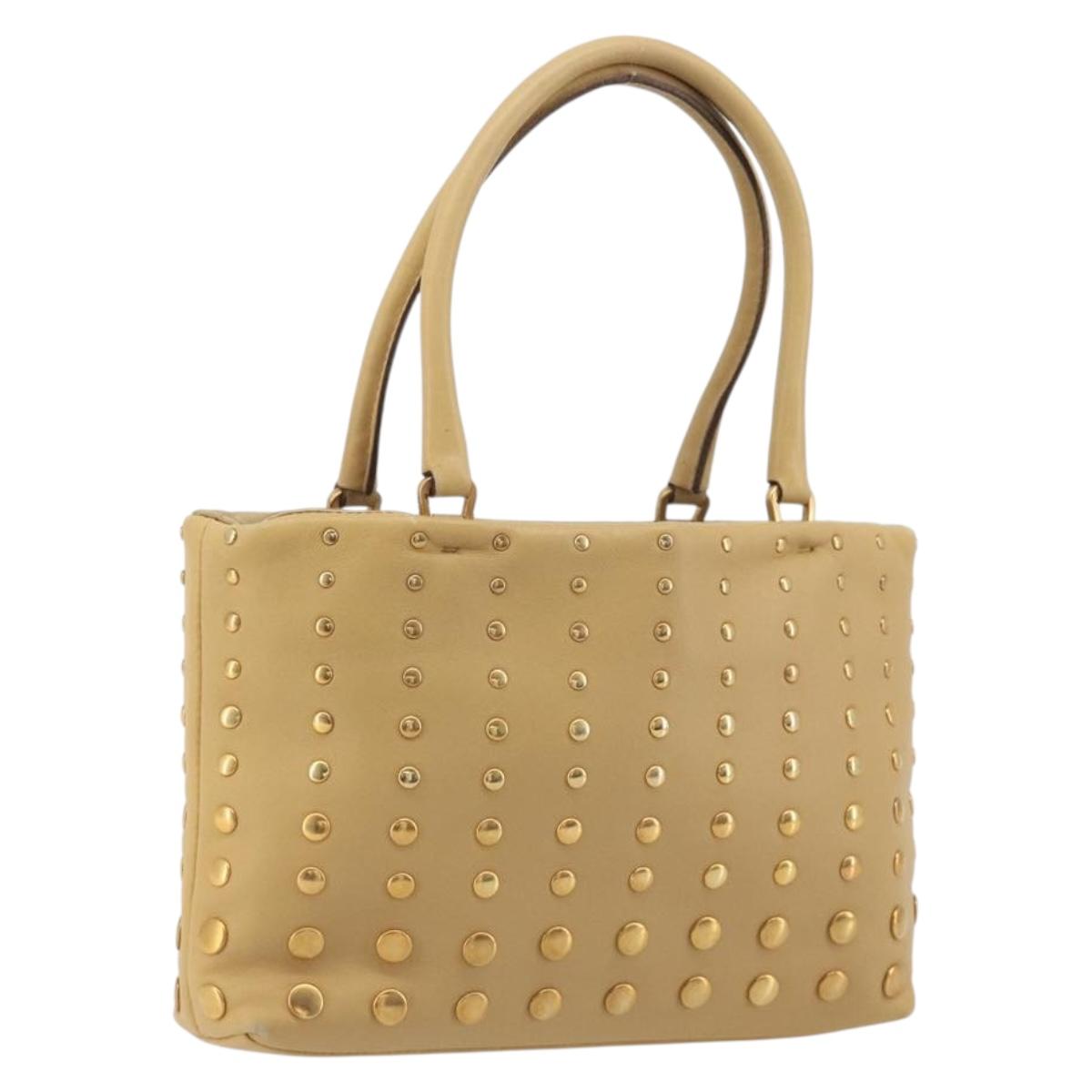 PRADA Studs Tote Bag Leather Beige Gold BN0181 Auth am12230V