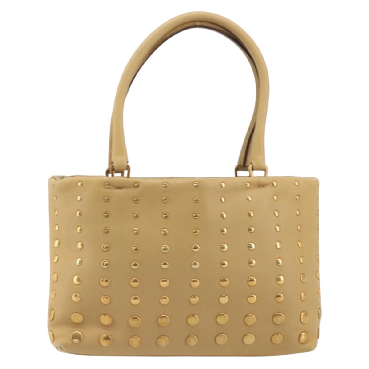 PRADA Studs Tote Bag Leather Beige Gold BN0181 Auth am12230V