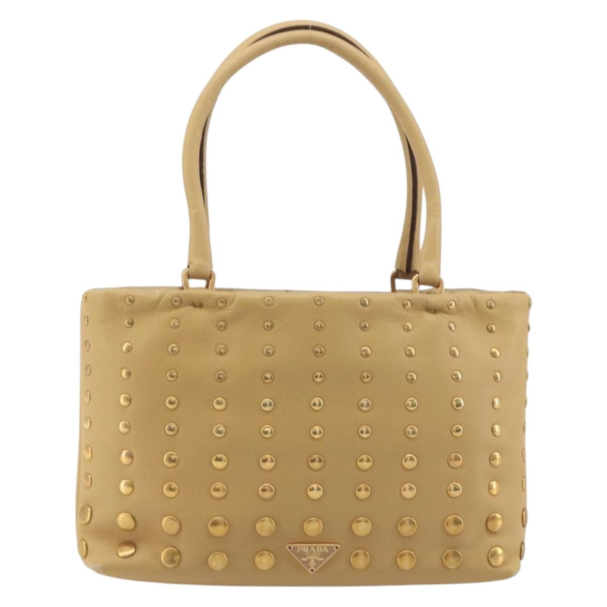PRADA Studs Tote Bag Leather Beige Gold BN0181 Auth am12230V