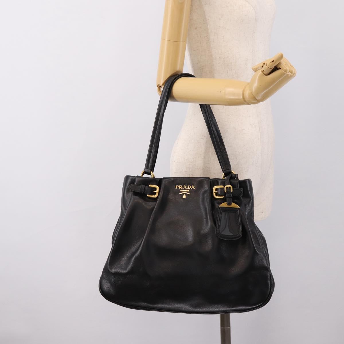 PRADA Tote Bag Calf Skin Black Gold Auth am12245SAM