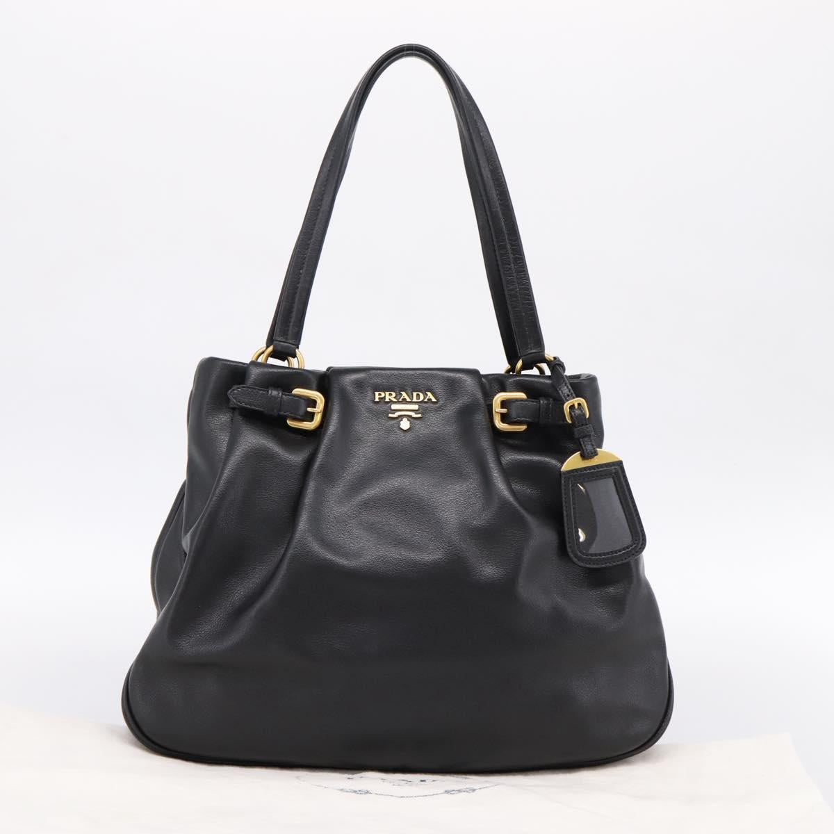 PRADA Tote Bag Calf Skin Black Gold Auth am12245SAM