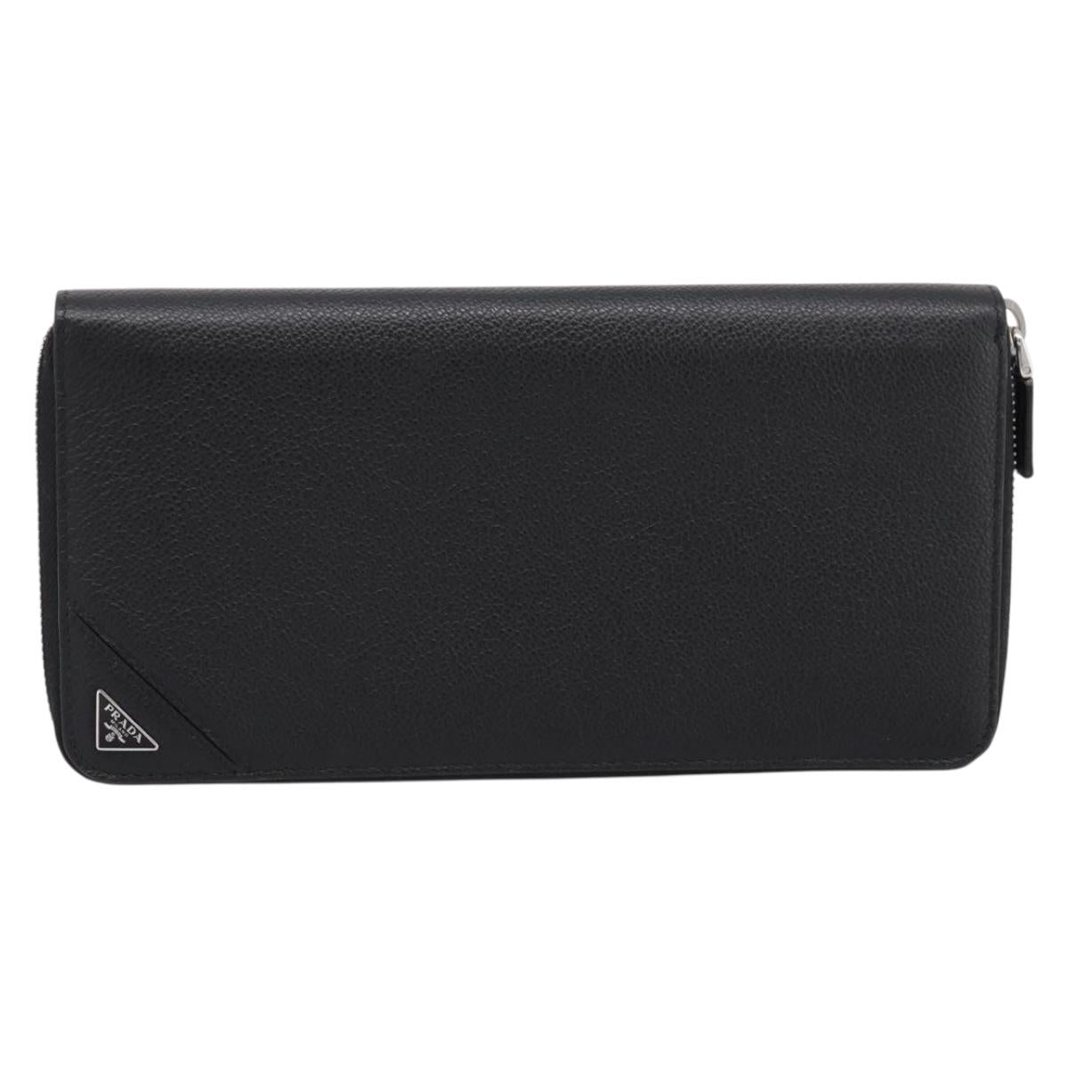 PRADA Organizer Round Long Wallet Leather Black Silver Auth am12253M