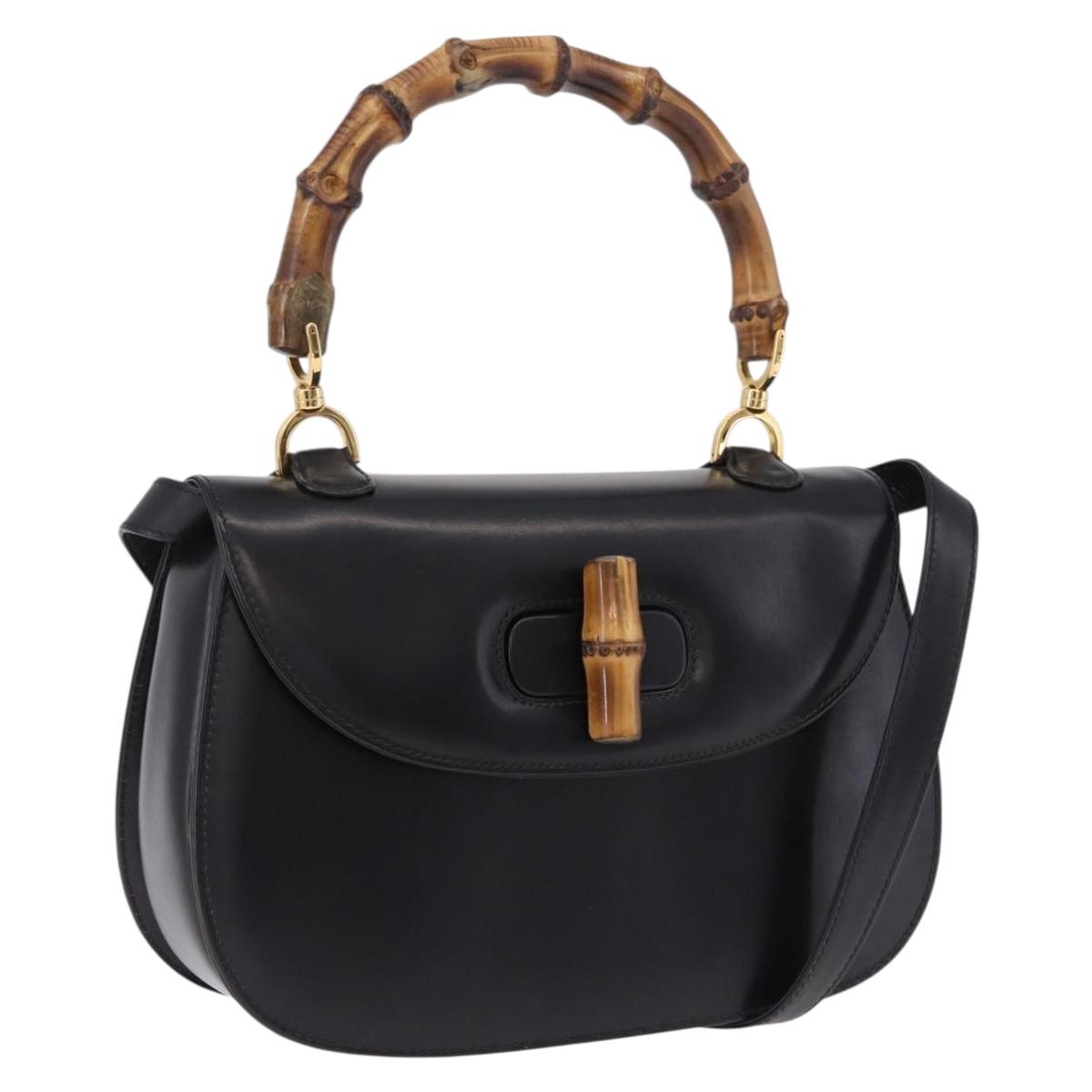 GUCCI Bamboo Hand Bag Leather 2way Black Gold 000 46 0633 Auth am12260SAV