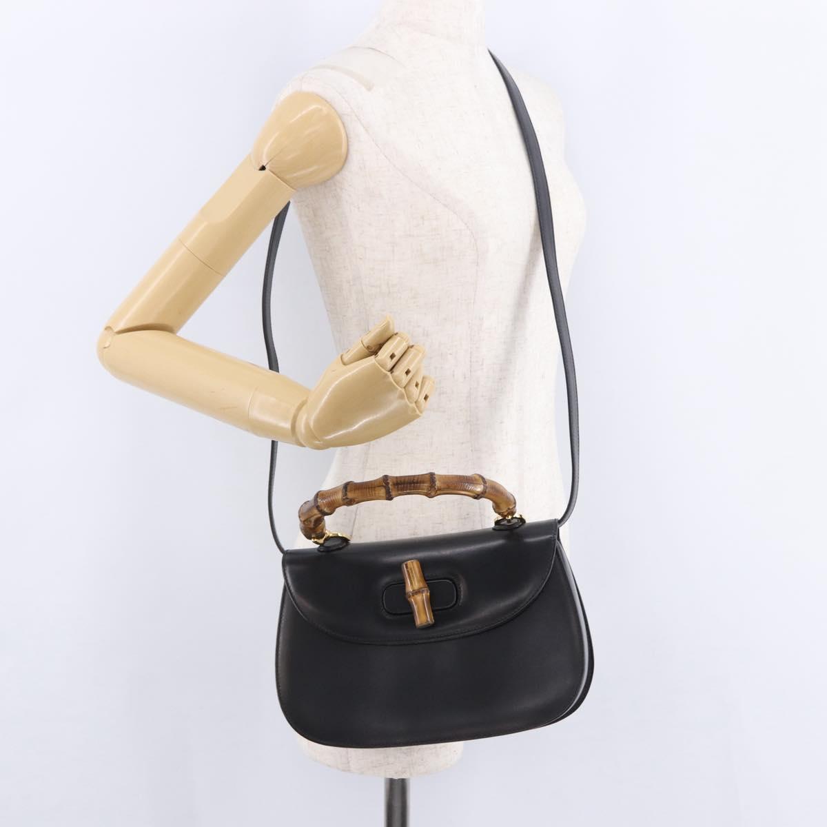 GUCCI Bamboo Hand Bag Leather 2way Black Gold 000 46 0633 Auth am12260SAV