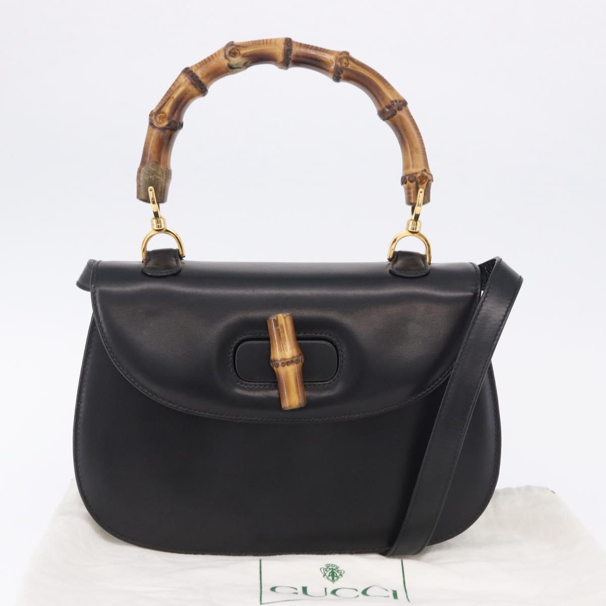 GUCCI Bamboo Hand Bag Leather 2way Black Gold 000 46 0633 Auth am12260SAV