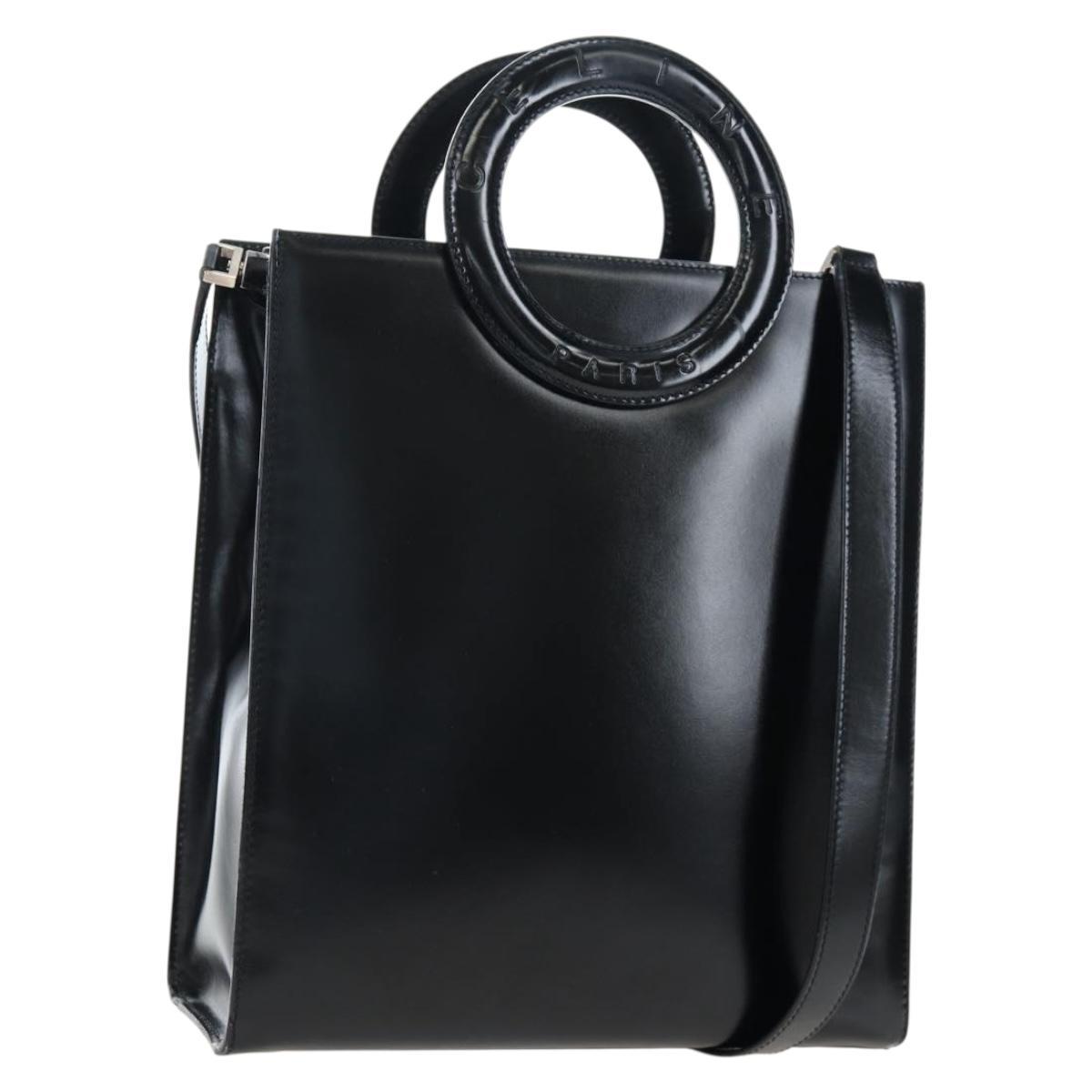 CELINE Circle Handle Hand Bag Leather 2way Black Silver Auth am12266V