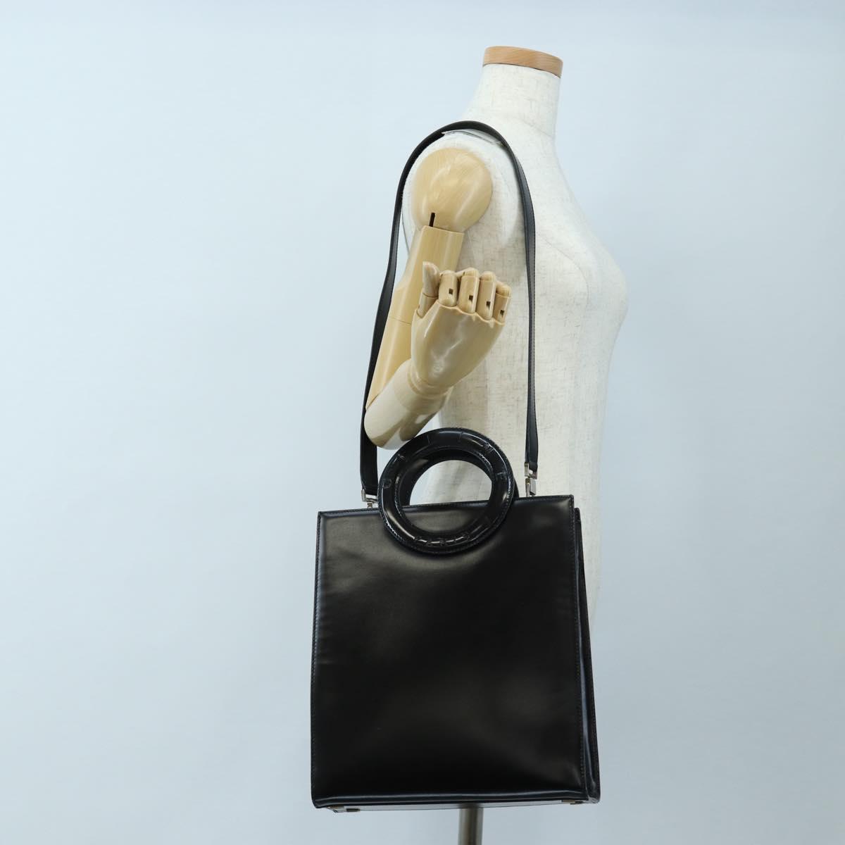 CELINE Circle Handle Hand Bag Leather 2way Black Silver Auth am12266V