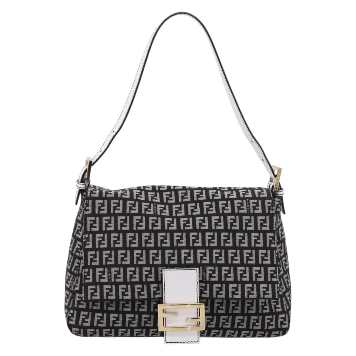 FENDI Zucchino Canvas Mamma Baguette Bag Black Gray Gold Auth am12275SAV