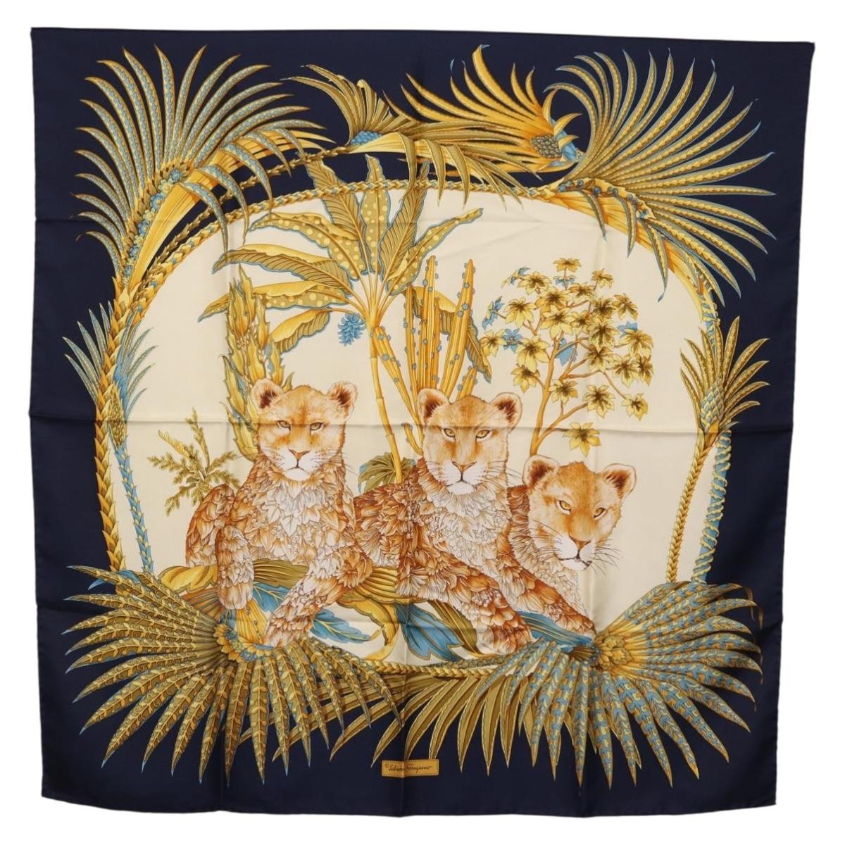 Salvatore Ferragamo Leopard Pattern Scarf Silk Navy White Auth am12287V
