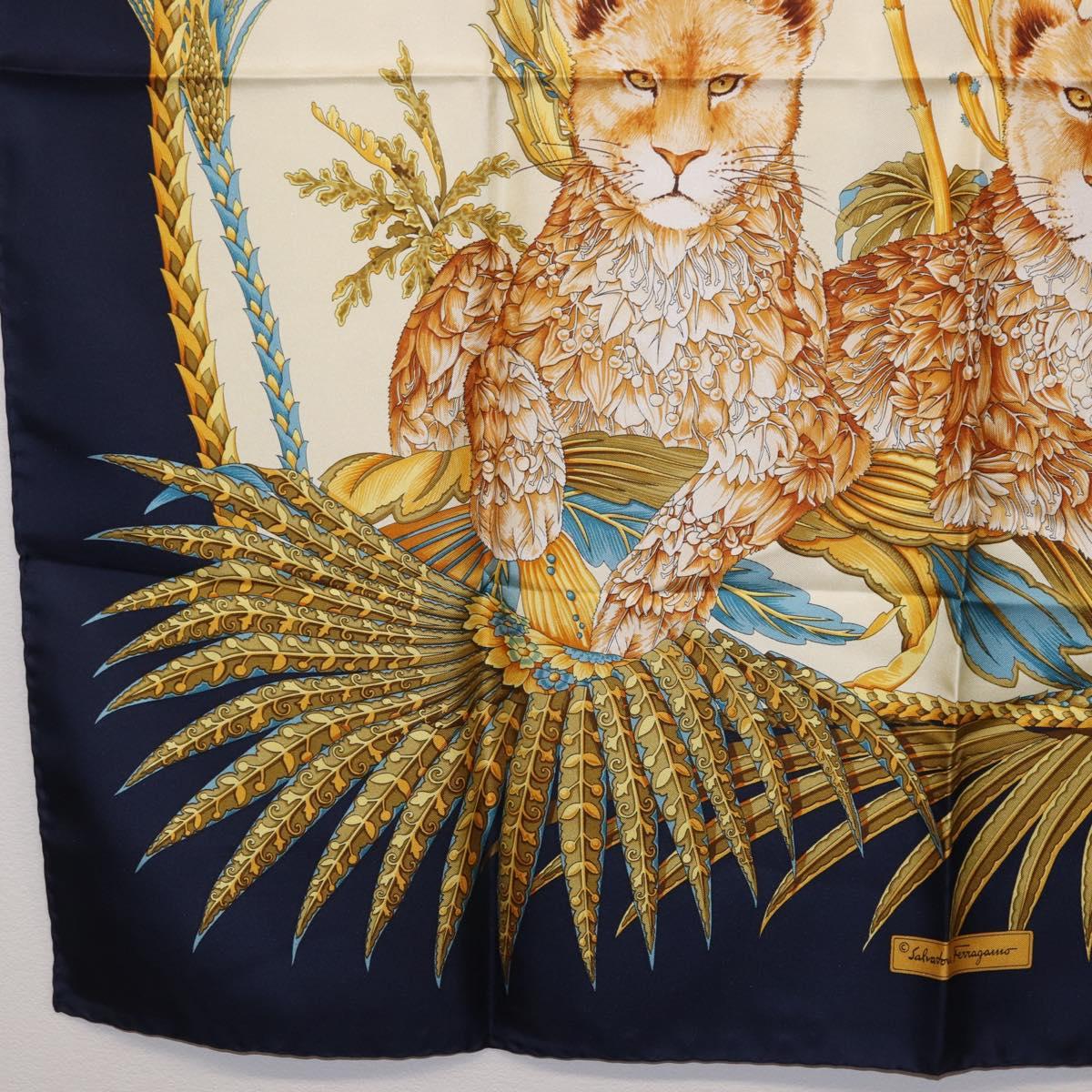 Salvatore Ferragamo Leopard Pattern Scarf Silk Navy White Auth am12287V