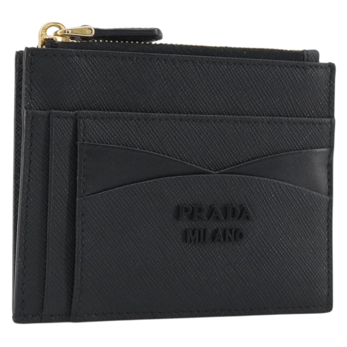 PRADA Card Coin Purse Saffiano Black Gold Tone Auth am12296M