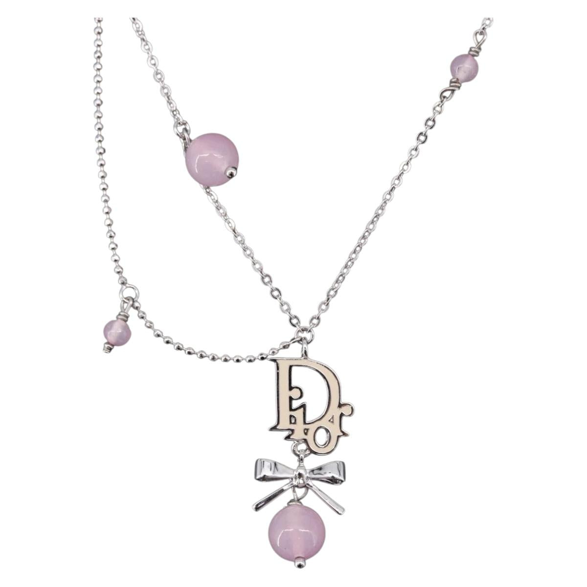 Christian Dior Ribbon Necklace Metal Silver Pink Auth am12310M