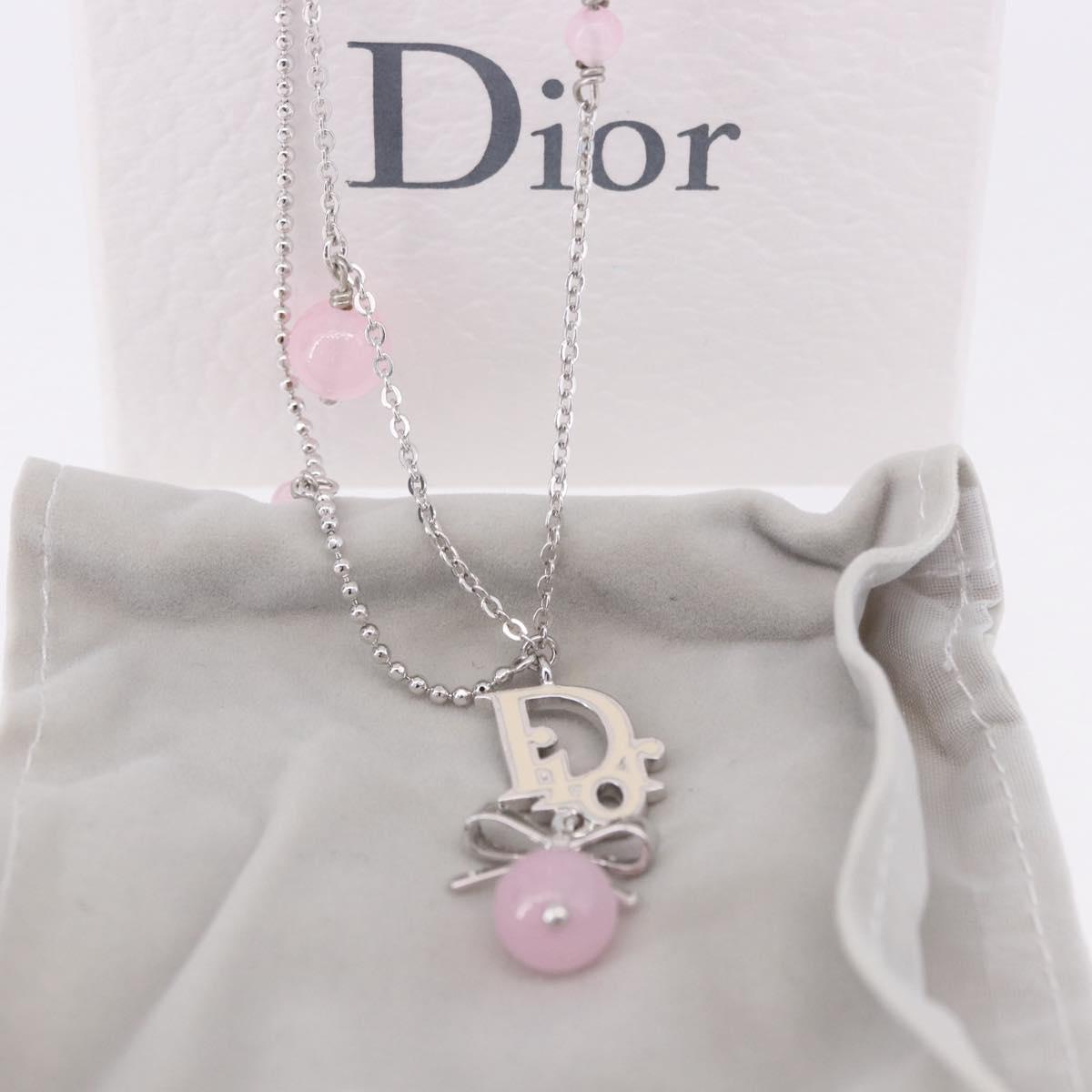 Christian Dior Ribbon Necklace Metal Silver Pink Auth am12310M