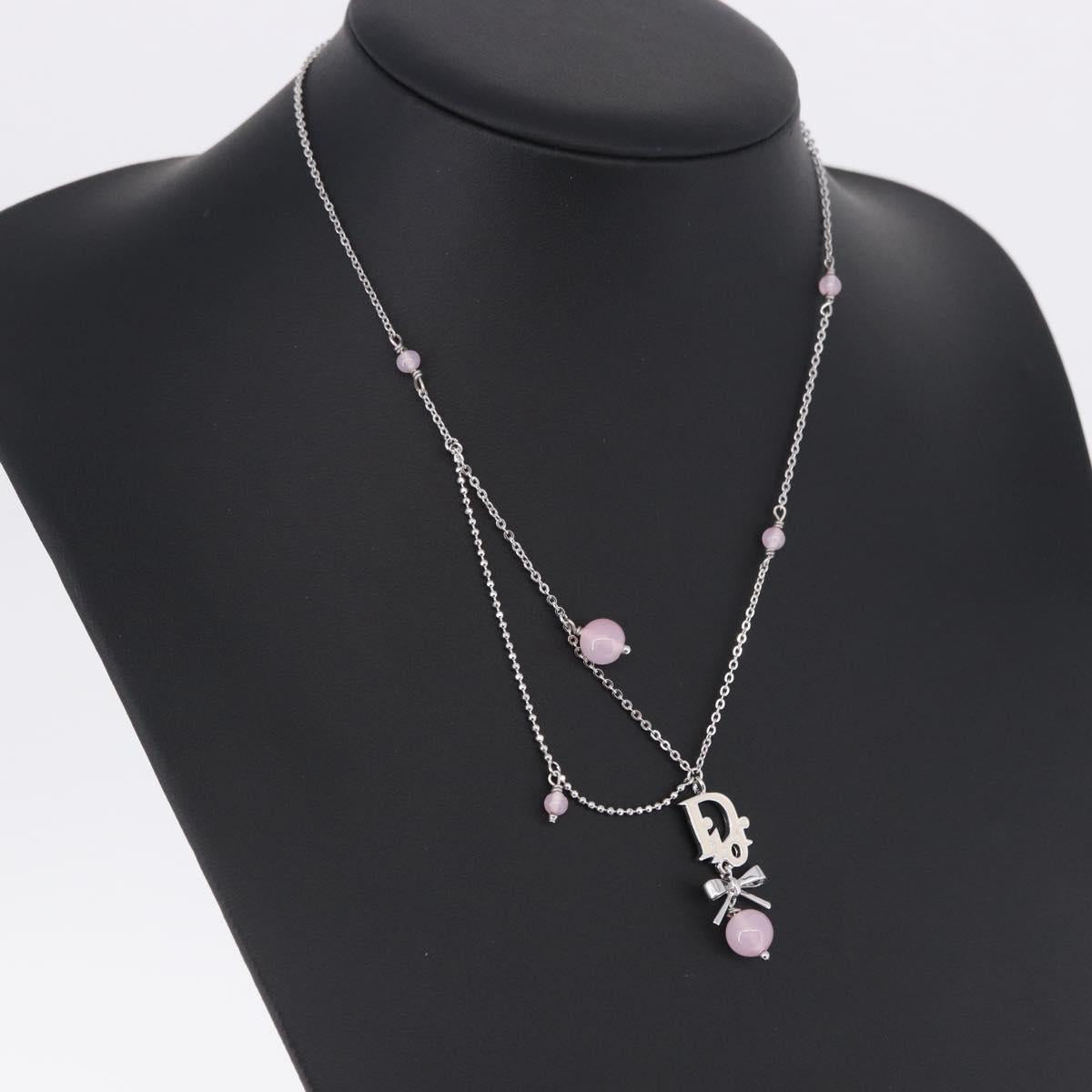 Christian Dior Ribbon Necklace Metal Silver Pink Auth am12310M